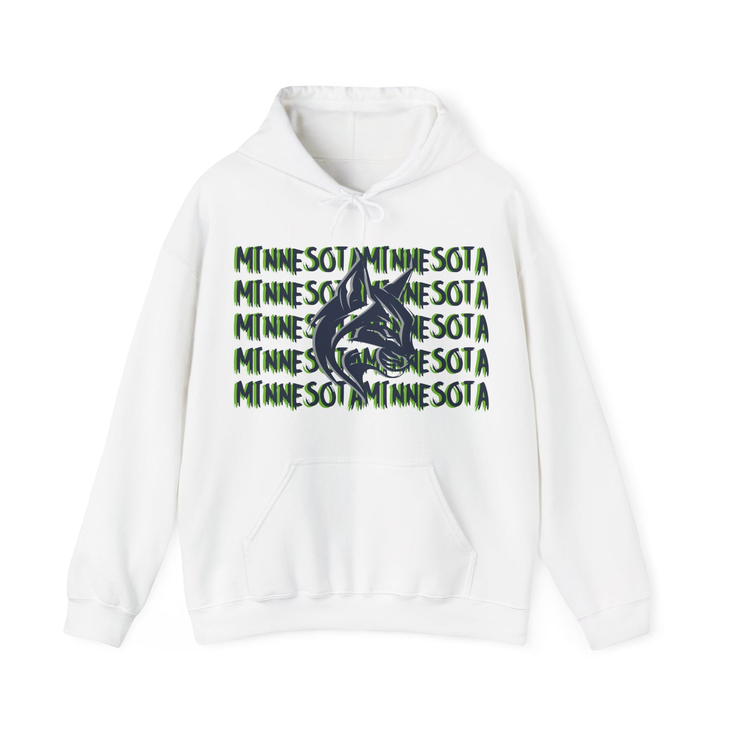 Minnesota Hoodie This unique hoodie design is inspired by Minnesota women's basketall (WBB). With Minnesota in navy blue lettering, with lime green shadowing. Featuring a big lynx head in gray and navy blue. Unisex Kangaroo pouch with tear away label Soft