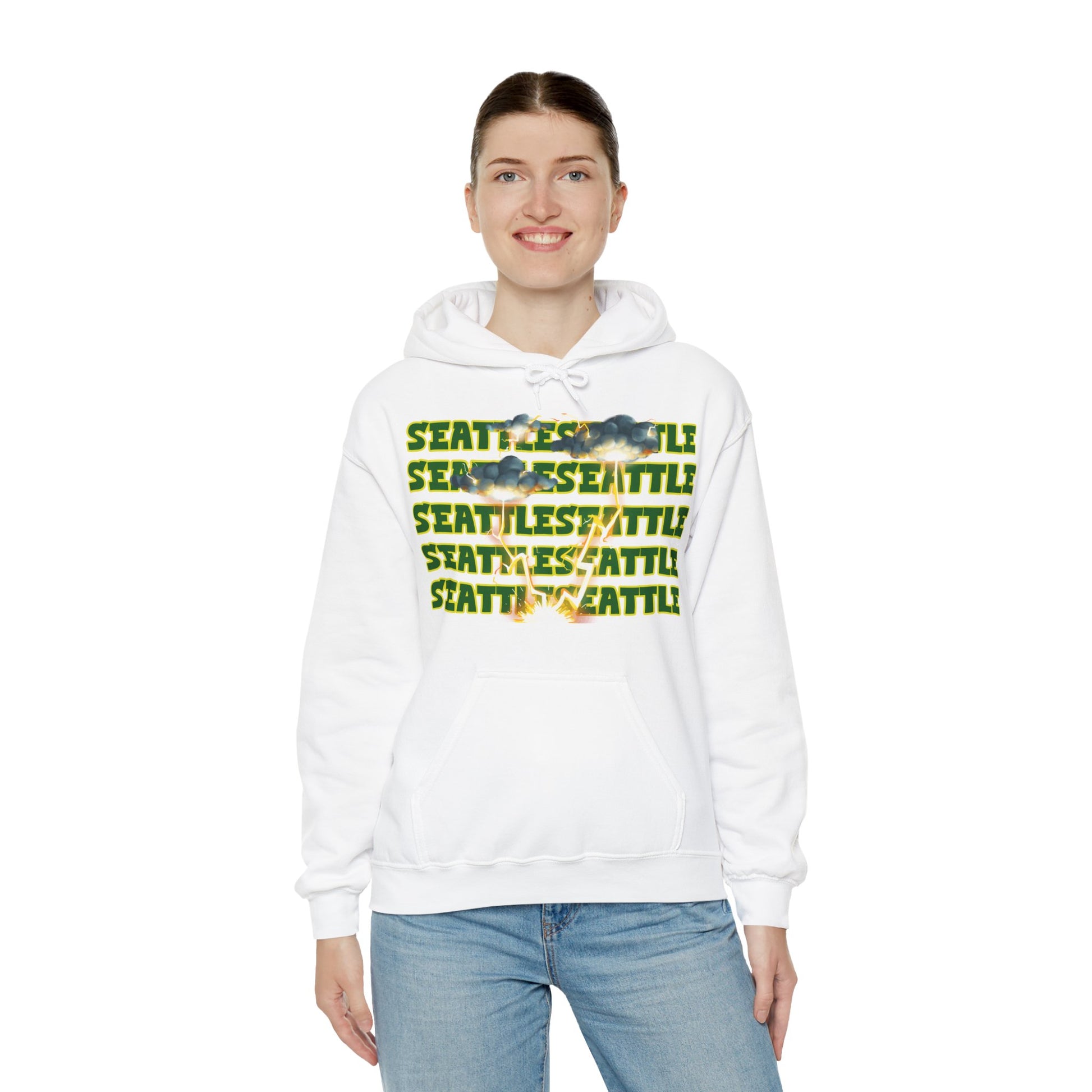 Seattle Hoodie This unique hoodie design is inspired by Seattle women's basketball (WBB). With Seattle in green letters with a yellow outline. Featuring dark gary storm clouds producing a lightning storm. This unisex hoodie is soft ands cozy Kanagroo pouc