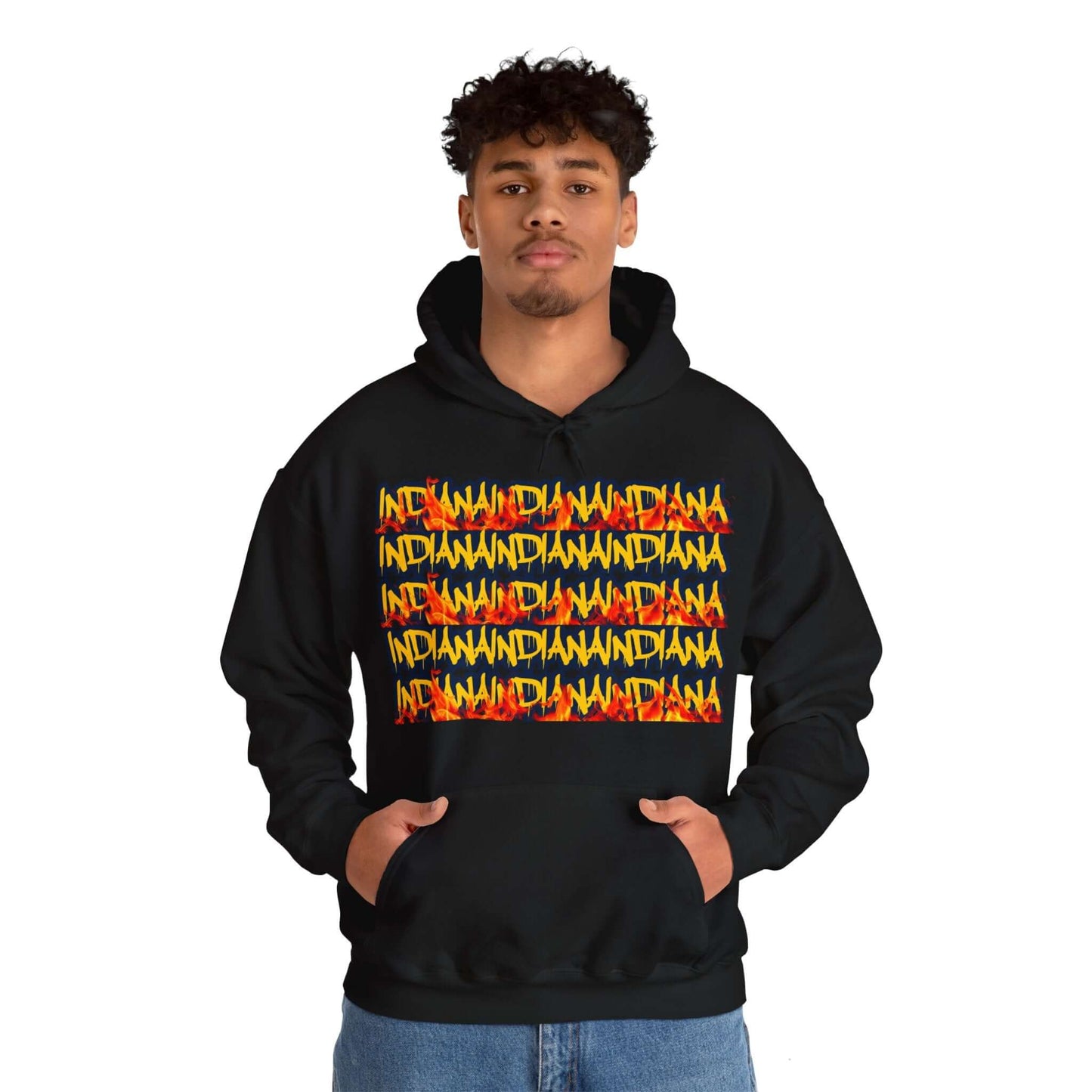 Indiana Hoodie This heavy blend Indiana hoodie is relaxation. With Indiana in yellow and navy dripping Graffiti letters. Featuring fire along the bottom of the words to represent the hotness that is Indiana WBB. Unisex Soft and Cozy Kangaroo pouch and tea