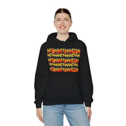 Indiana Hoodie This heavy blend Indiana hoodie is relaxation. With Indiana in yellow and navy dripping Graffiti letters. Featuring fire along the bottom of the words to represent the hotness that is Indiana WBB. Unisex Soft and Cozy Kangaroo pouch and tea