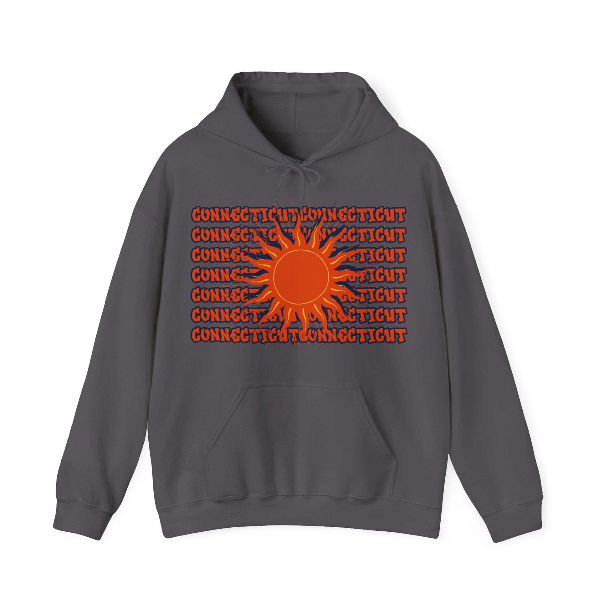 Connecticut Hoodie, A cozy unisex hoodie featuring a design inspired by Connecticut women's basketball. The graffiti-style font spells out 'Connecticut' in orange and navy colors, with a sun motif in orange and yellow. Perfect for basketball fans and thos