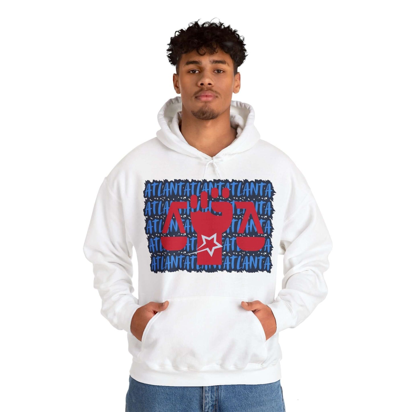 Atlanta Hoodie This unique hoodie design is inspired by Atlanta women's basketball (WBB). With Atlanta in light blue Graffiti style letters, outlined in navy blue. Featuring a big Civil Rights symbol, an upright fist holding the scales of equality, in red