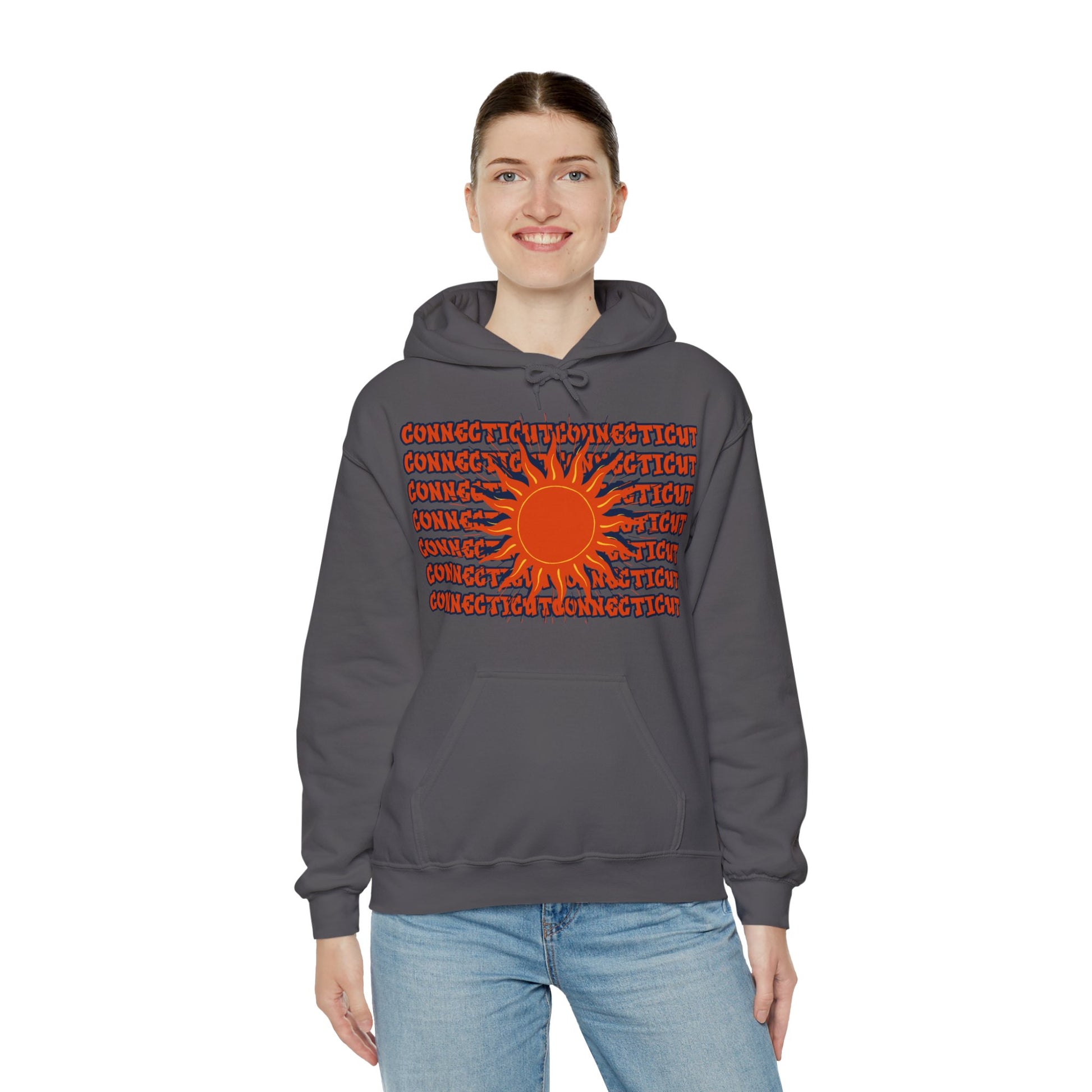 Connecticut Hoodie, A cozy unisex hoodie featuring a design inspired by Connecticut women's basketball. The graffiti-style font spells out 'Connecticut' in orange and navy colors, with a sun motif in orange and yellow. Perfect for basketball fans and thos