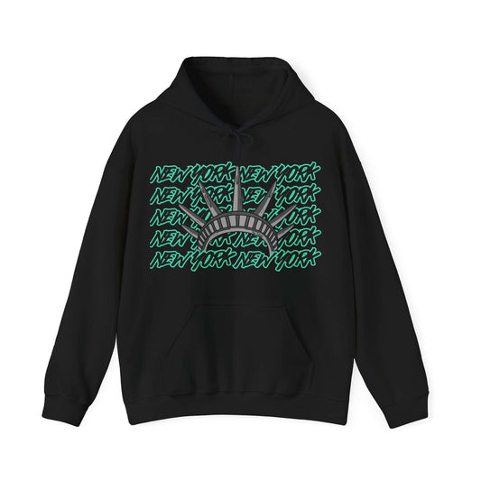 New York Hoodie This unique hoodie design is inspired by New York women's basketball (WBB). With New York in black Graffitti letters outlined in seafoam green. Featuring the a big Lady Liberty crown in gray. Unisex Soft and comfy 50% Cotton 50% Polyester