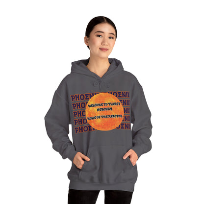 Phoenix Hoodie, A unisex hoodie representing Phoenix women's basketball with the word Phoenix in large Graffiti style font in purple and orange colors. Perfect for fans of the team looking for cozy and stylish apparel to show their support. Ideal for wear