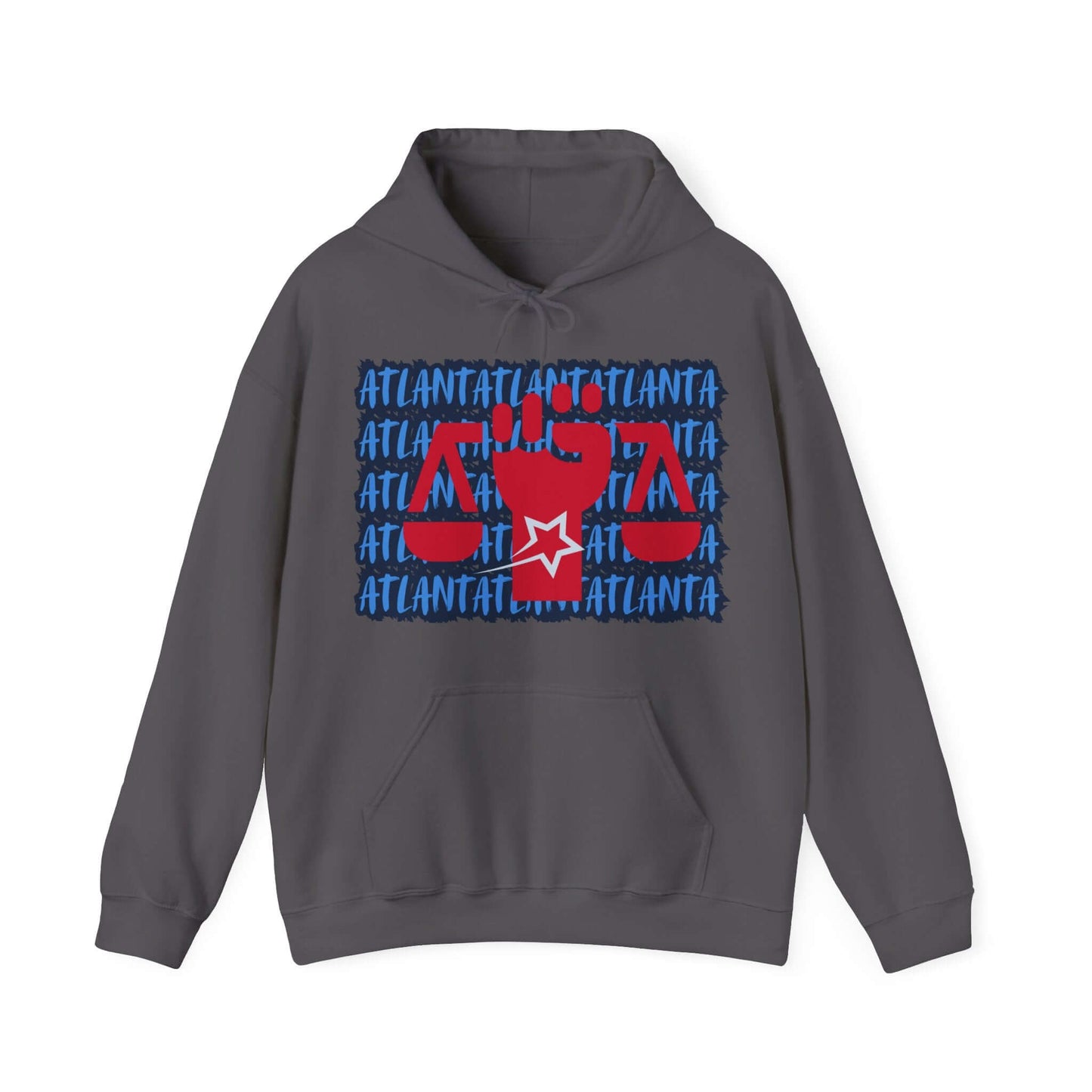 Atlanta Hoodie This unique hoodie design is inspired by Atlanta women's basketball (WBB). With Atlanta in light blue Graffiti style letters, outlined in navy blue. Featuring a big Civil Rights symbol, an upright fist holding the scales of equality, in red