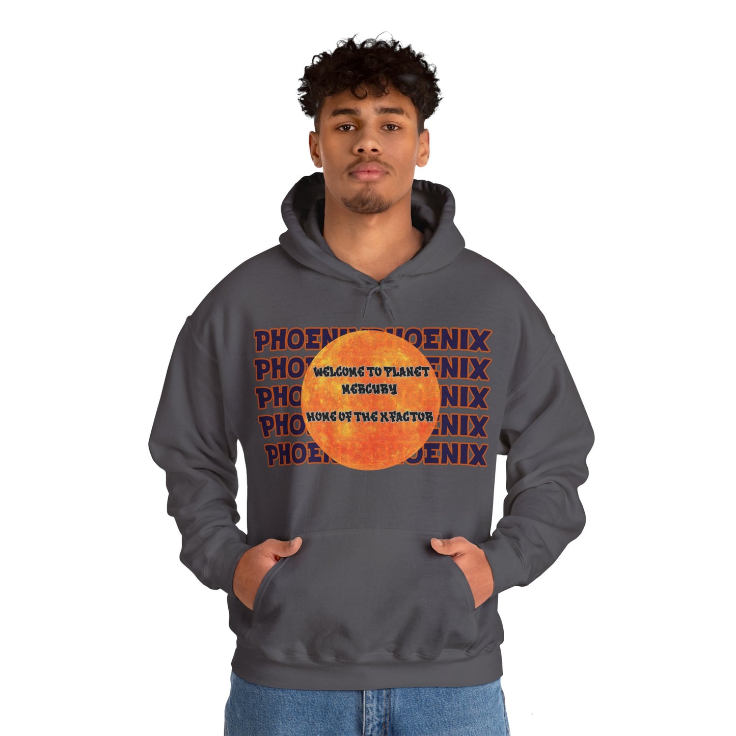 Phoenix Hoodie, A unisex hoodie representing Phoenix women's basketball with the word Phoenix in large Graffiti style font in purple and orange colors. Perfect for fans of the team looking for cozy and stylish apparel to show their support. Ideal for wear