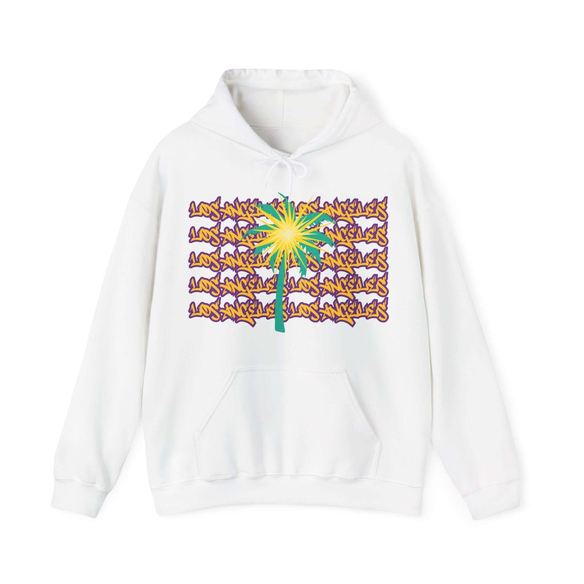 Los Angeles Hoodie, A cozy unisex hoodie featuring a design representing Los Angeles women's basketball. The hoodie showcases the word 'Los Angeles' in graffiti-style font in purple and yellow, with a teal palm tree embellished with a spark on the palms.