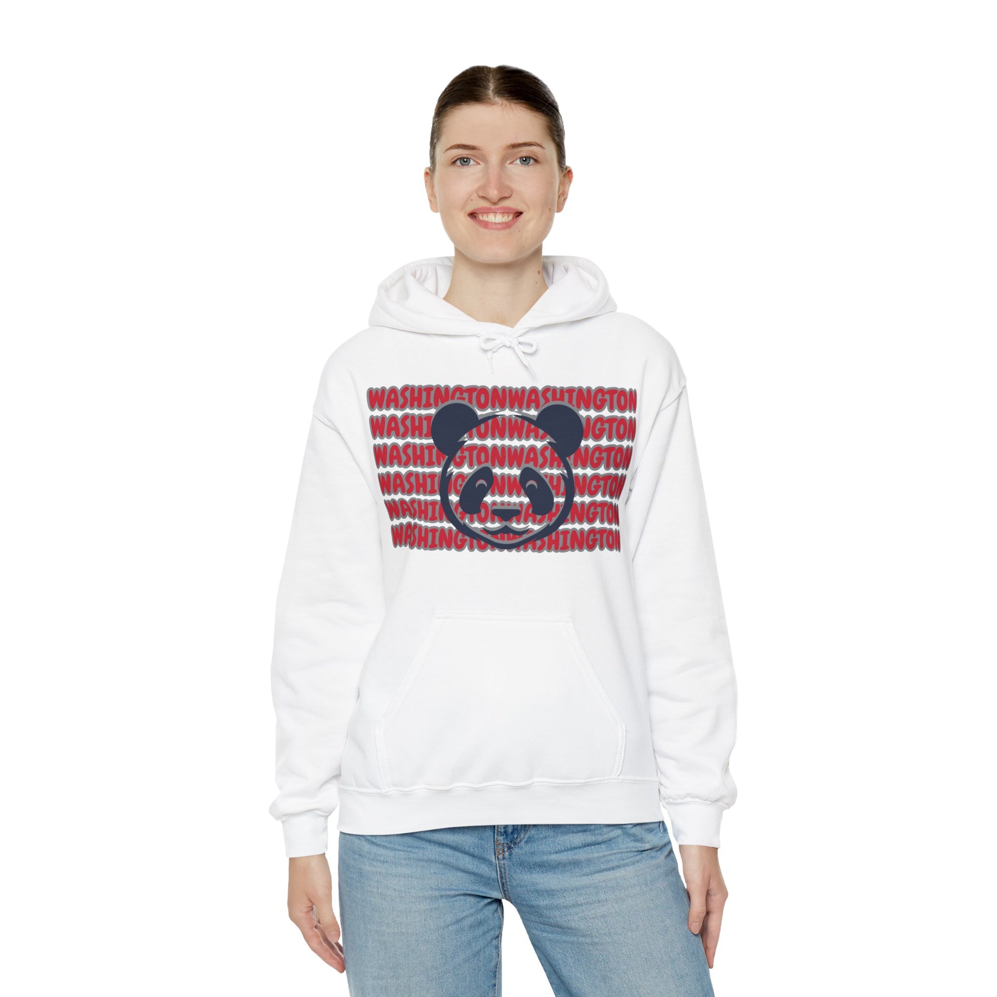 Washington Hoodie This unique hoodie design is inspired by Washington women's basketball (WBB). With Washington in red bubble-ish lettering, outlined in silver. Featuring a big panda bear face in blue and gray color ways. Unisex Soft and comfy Kangaroo po